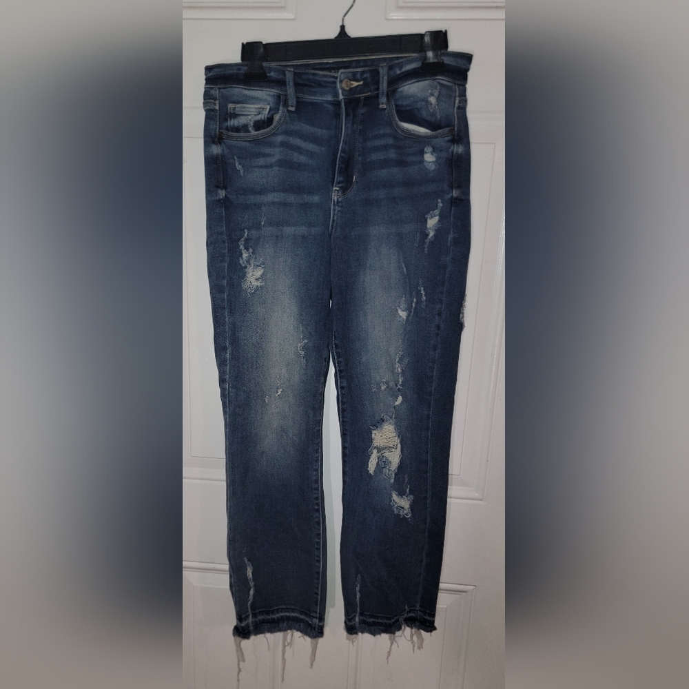 Judy Blue JB82436MD 5/27 High Waist Distressed Straight Fit Leg Frayed Hem Jeans